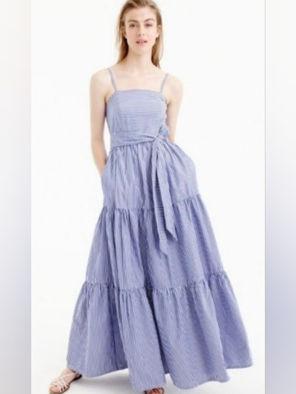 J Crew Garratt Striped Tiered Maxi Dress Size 6 / Small White Blue NO BELT